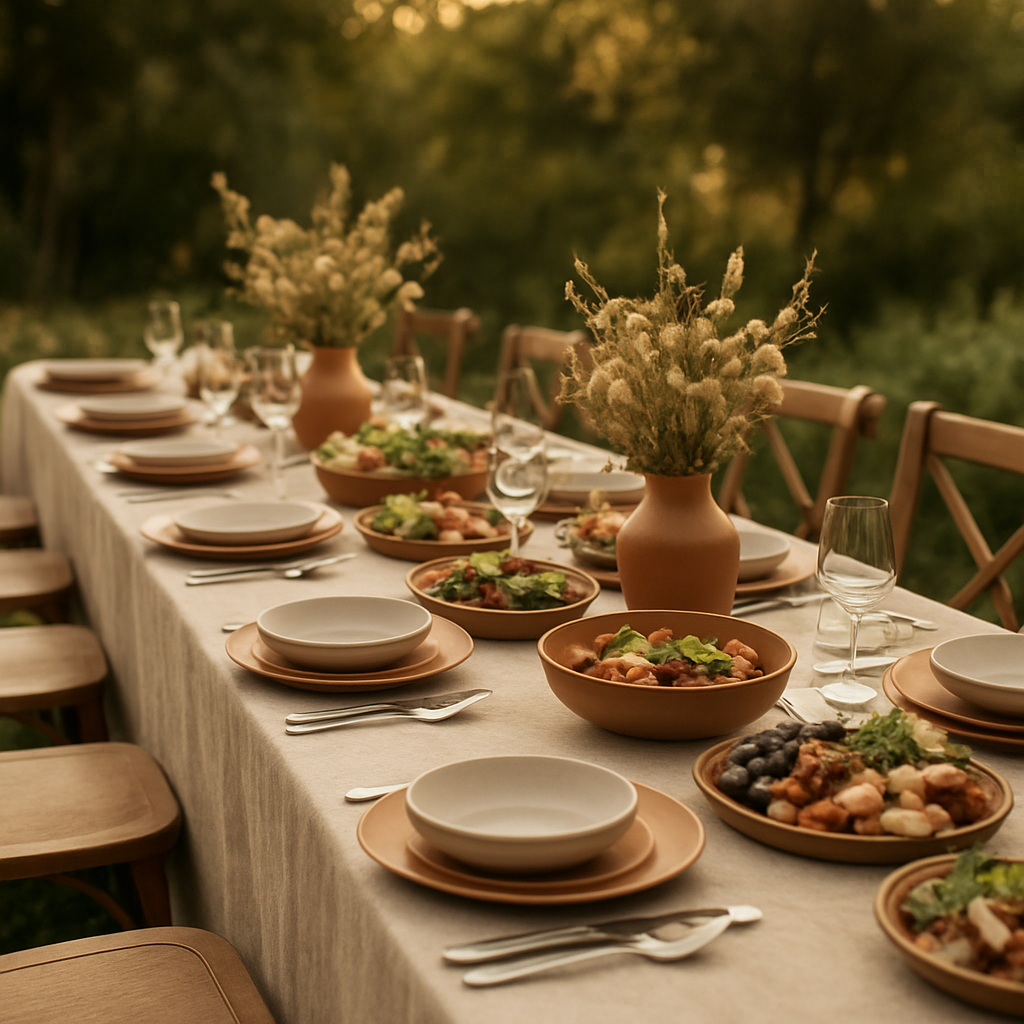 Aerial view of an elegant catered table set among palm shadows